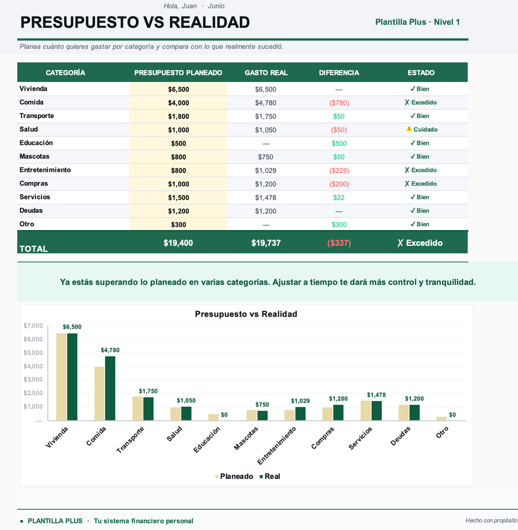 Presupuesto vs realidad — control por categoría