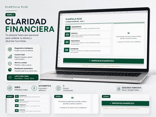 Claridad Financiera Nivel I en laptop — módulos del sistema